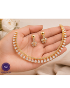 Shringarz Luxury 18K Gold-Plated Cubic Zirconia Tennis Choker Set – Classic Teardrop Crystal Necklace with Dainty Flower Drop Earrings