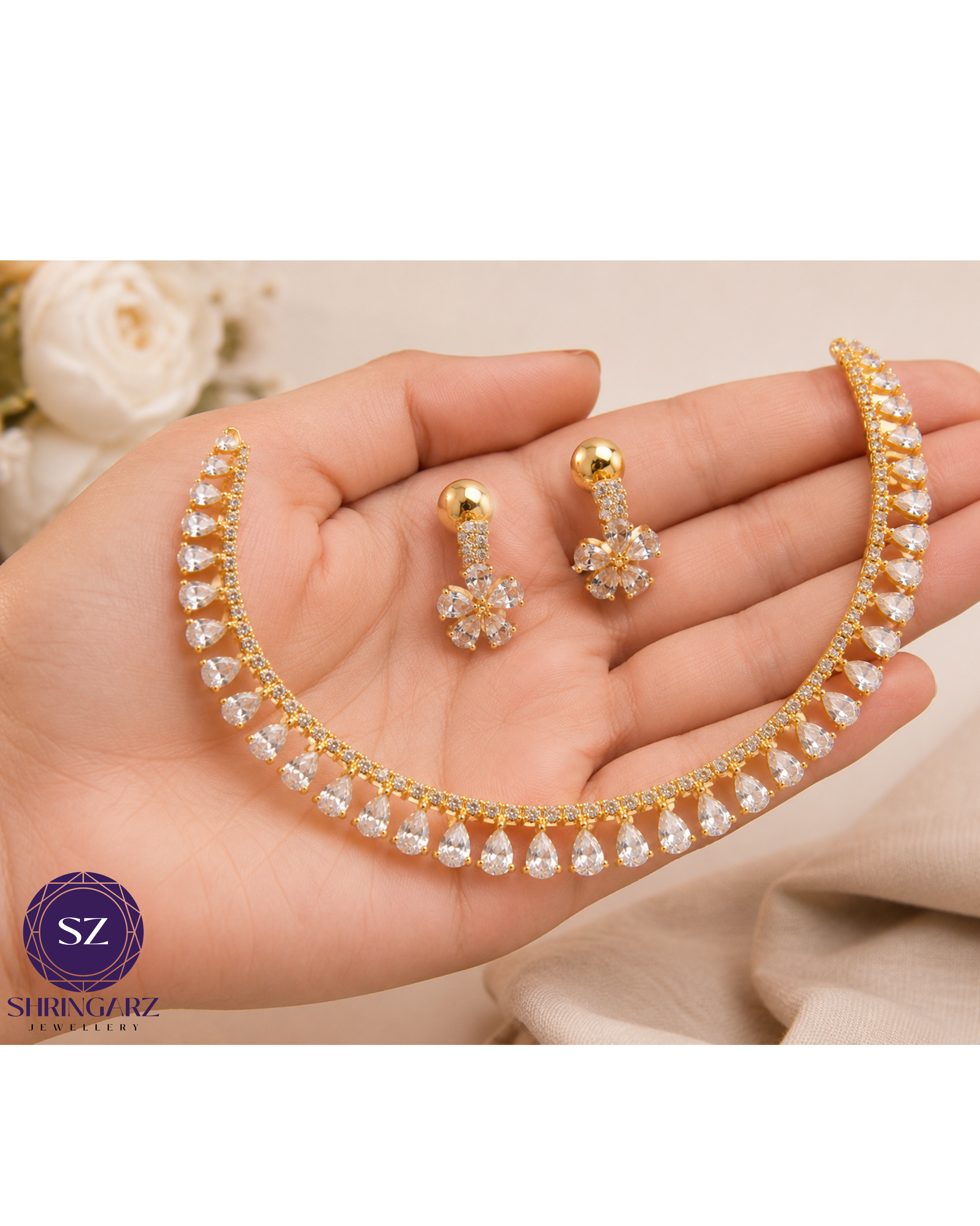 Shringarz Luxury 18K Gold-Plated Cubic Zirconia Tennis Choker Set – Classic Teardrop Crystal Necklace with Dainty Flower Drop Earrings