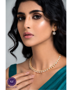 Shringarz Luxury 18K Gold-Plated Cubic Zirconia Tennis Choker Set – Classic Teardrop Crystal Necklace with Dainty Flower Drop Earrings