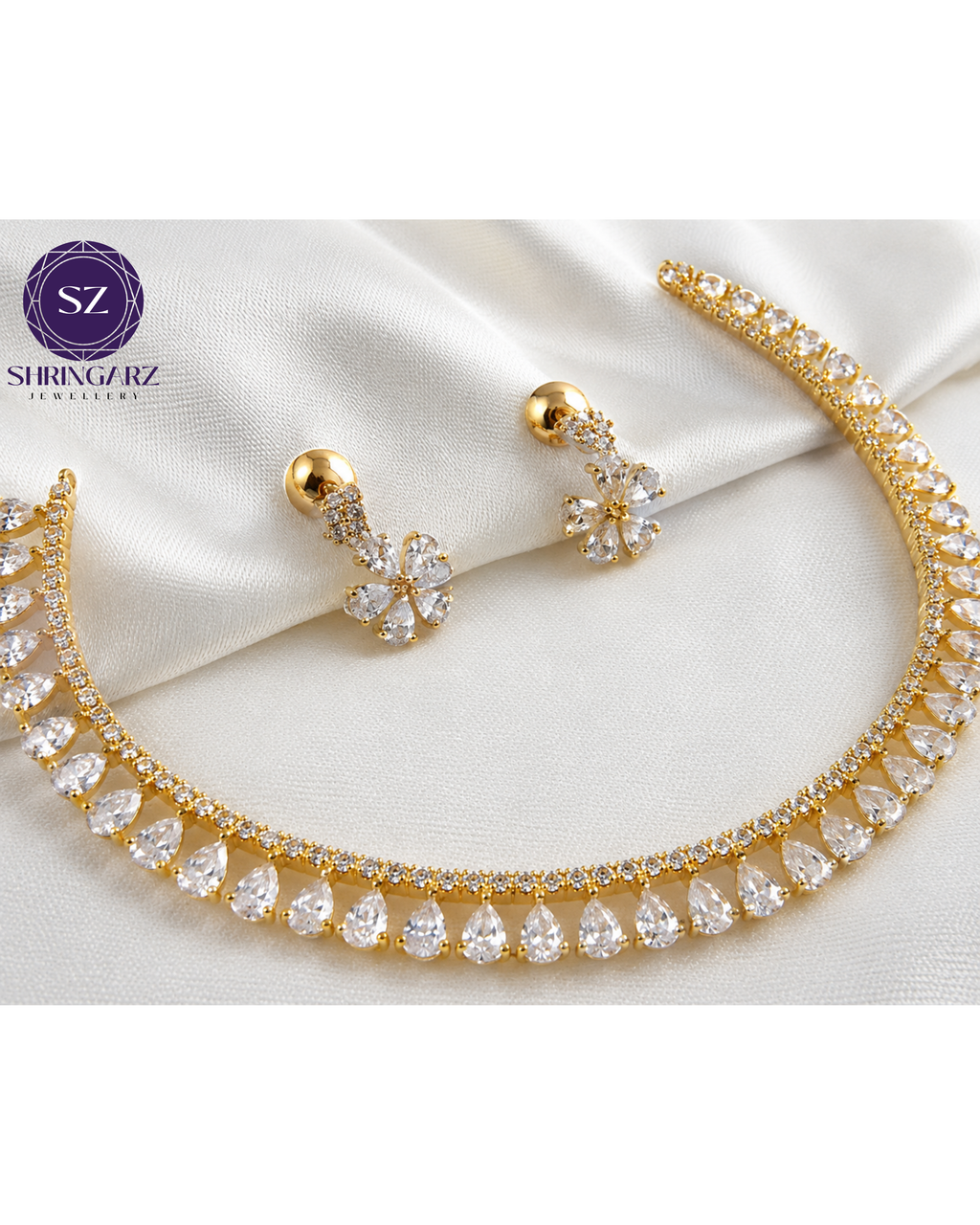 Shringarz Luxury 18K Gold-Plated Cubic Zirconia Tennis Choker Set – Classic Teardrop Crystal Necklace with Dainty Flower Drop Earrings