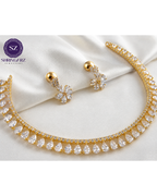 Shringarz Luxury 18K Gold-Plated Cubic Zirconia Tennis Choker Set – Classic Teardrop Crystal Necklace with Dainty Flower Drop Earrings