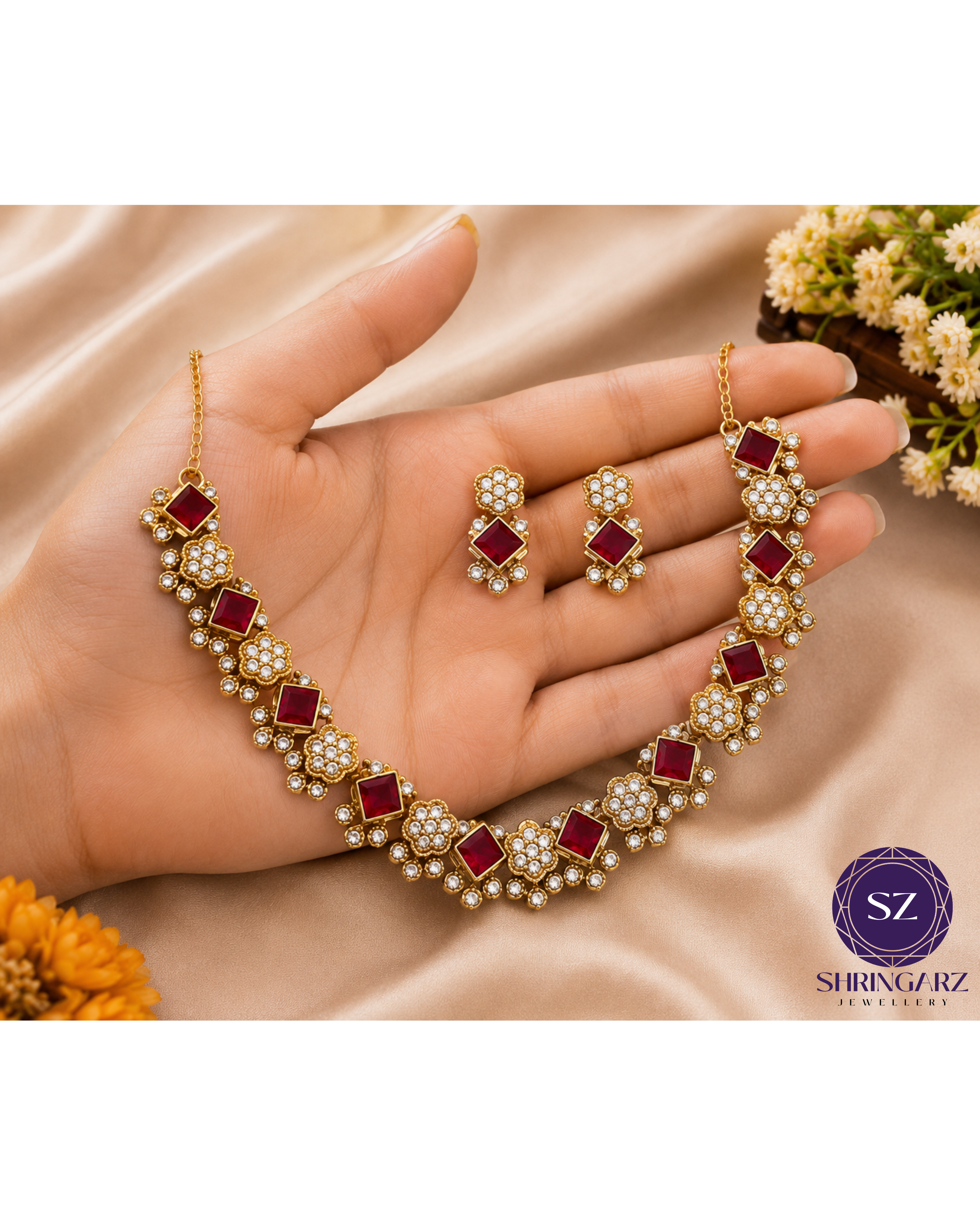 Shringarz Royal Ruby Red Square-Cut Choker Set – Gold-Plated Crystal Floral Mosaic Necklace with Matching Geometric Stud Earrings