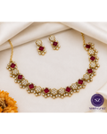 Shringarz Royal Ruby Red Square-Cut Choker Set – Gold-Plated Crystal Floral Mosaic Necklace with Matching Geometric Stud Earrings
