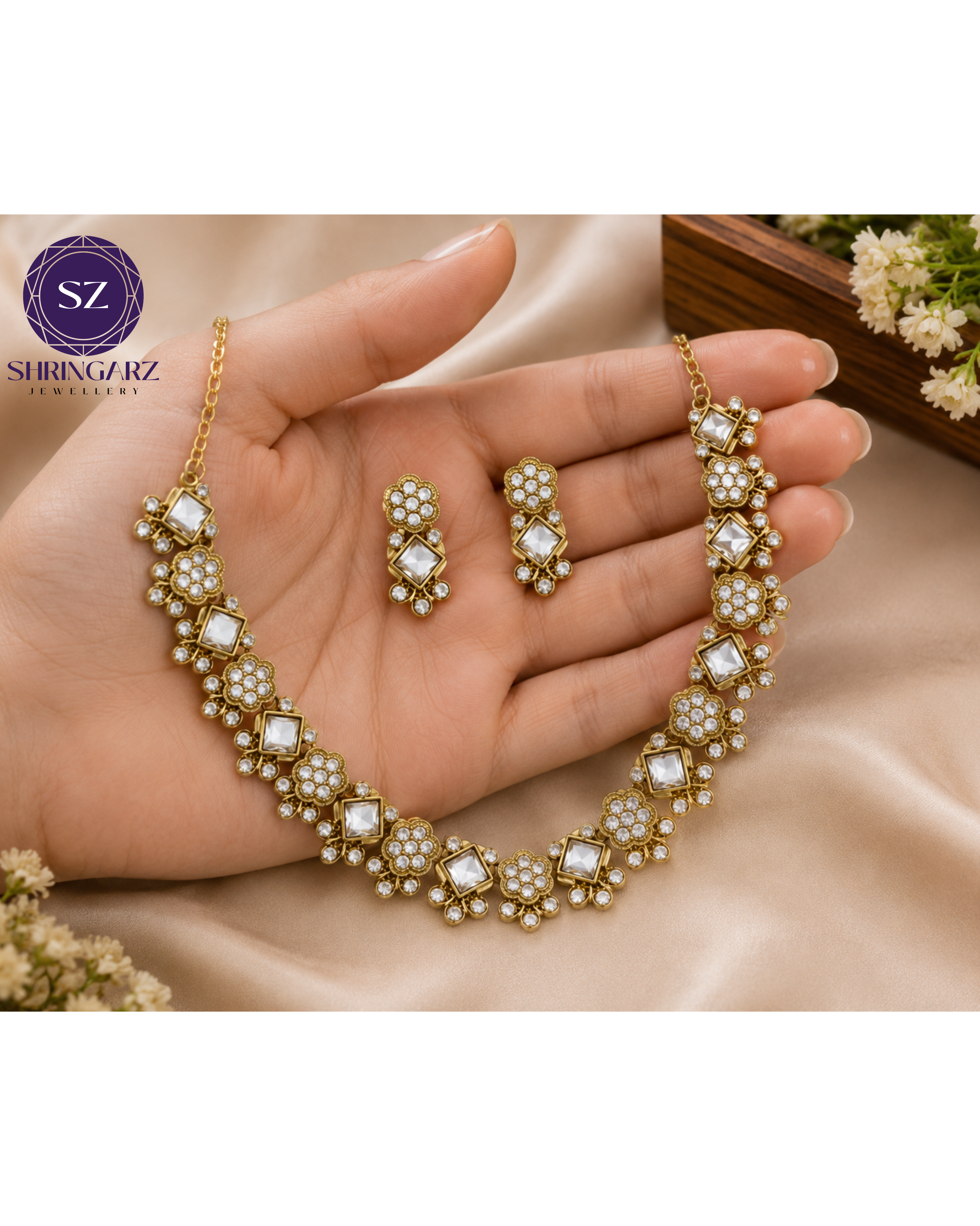 Shringarz Royal White Stone Square-Cut Choker Set – Gold-Plated Antique Crystal Floral Mosaic Necklace with Matching Geometric Stud Earrings