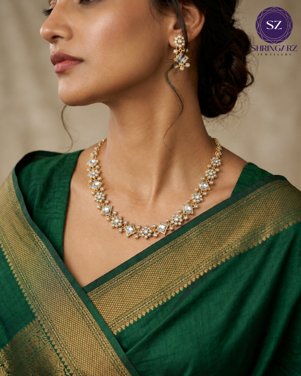 Shringarz Royal White Stone Square-Cut Choker Set – Gold-Plated Antique Crystal Floral Mosaic Necklace with Matching Geometric Stud Earrings