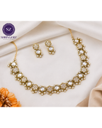 Shringarz Royal White Stone Square-Cut Choker Set – Gold-Plated Antique Crystal Floral Mosaic Necklace with Matching Geometric Stud Earrings