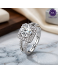 Shringarz Luxury Silver-Plated Cubic Zirconia Solitaire Halo Ring – Brilliant Round Cut CZ Engagement Ring with Split-Shank Pave Band