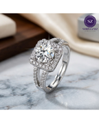 Shringarz Luxury Silver-Plated Cubic Zirconia Solitaire Halo Ring – Brilliant Round Cut CZ Engagement Ring with Split-Shank Pave Band