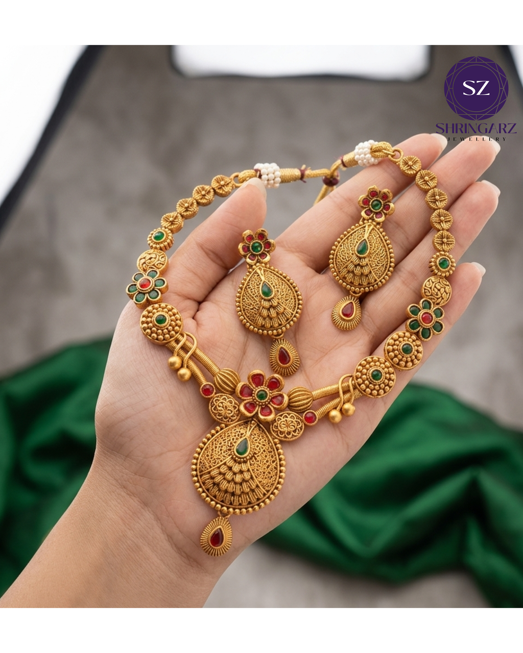 Shringarz Heritage Matte Gold-Plated Festive Choker & Necklace Set – Traditional Ruby Pink Cabochon Floral Jewelry Set with Moti Pearl Border and Jhumka Drop Earrings