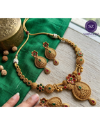 Shringarz Heritage Matte Gold-Plated Festive Choker & Necklace Set – Traditional Ruby Pink Cabochon Floral Jewelry Set with Moti Pearl Border and Jhumka Drop Earrings