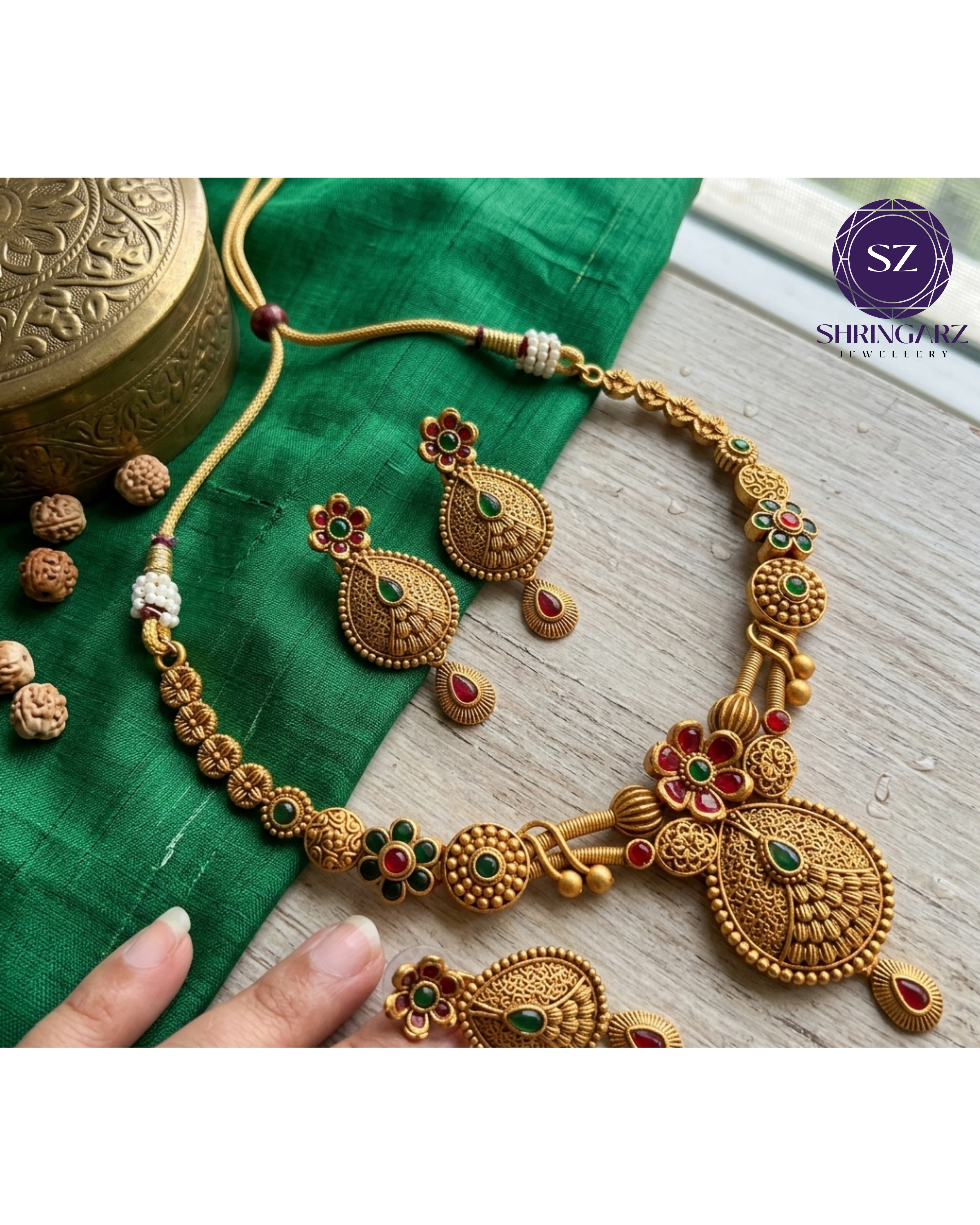 Shringarz Heritage Matte Gold-Plated Festive Choker & Necklace Set – Traditional Ruby Pink Cabochon Floral Jewelry Set with Moti Pearl Border and Jhumka Drop Earrings